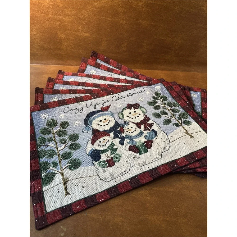 Christmas Winter Wonderland Tapestry Placemats Set of 6 Snowman Family& Cardinal